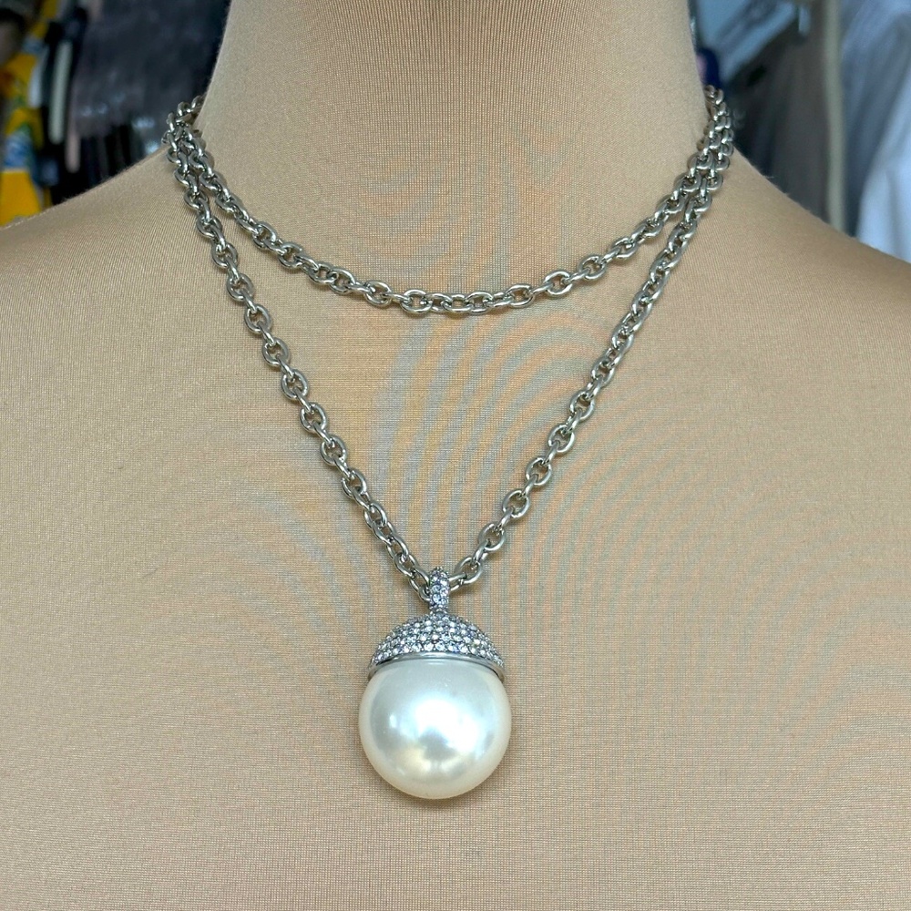 necklace 3 pendants removable ISAAC MIZRAHI blue silver CZ pave 34" chain NWOT